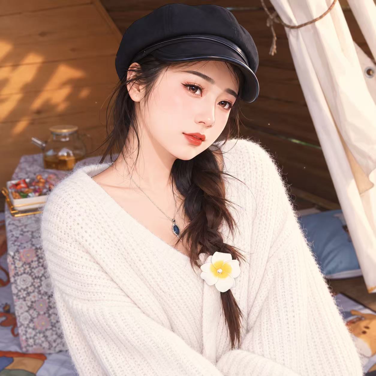 暖阳下，戴黑色帽子的女孩
