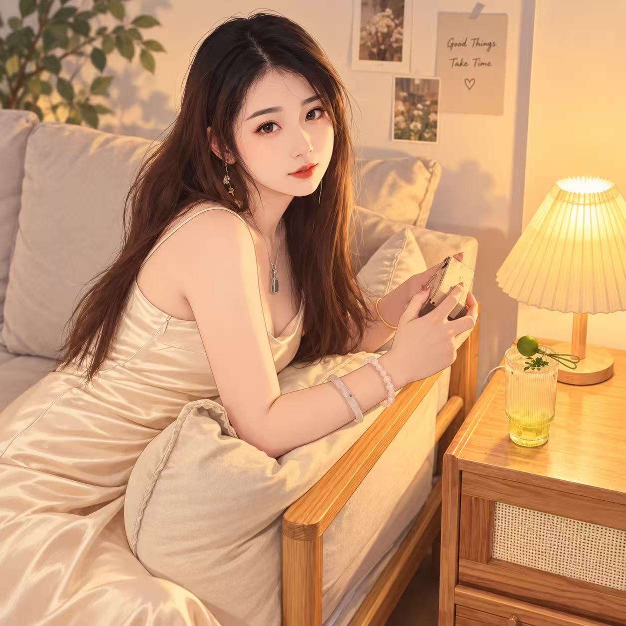 暖灯下，女孩坐在沙发上