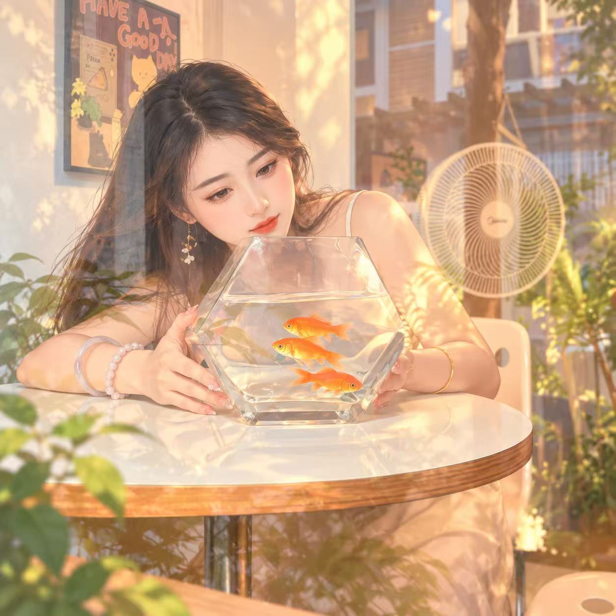 午后，女孩看着金鱼