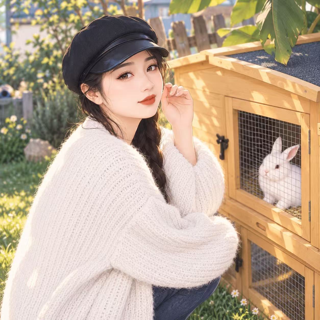 花园里，女孩与小白兔