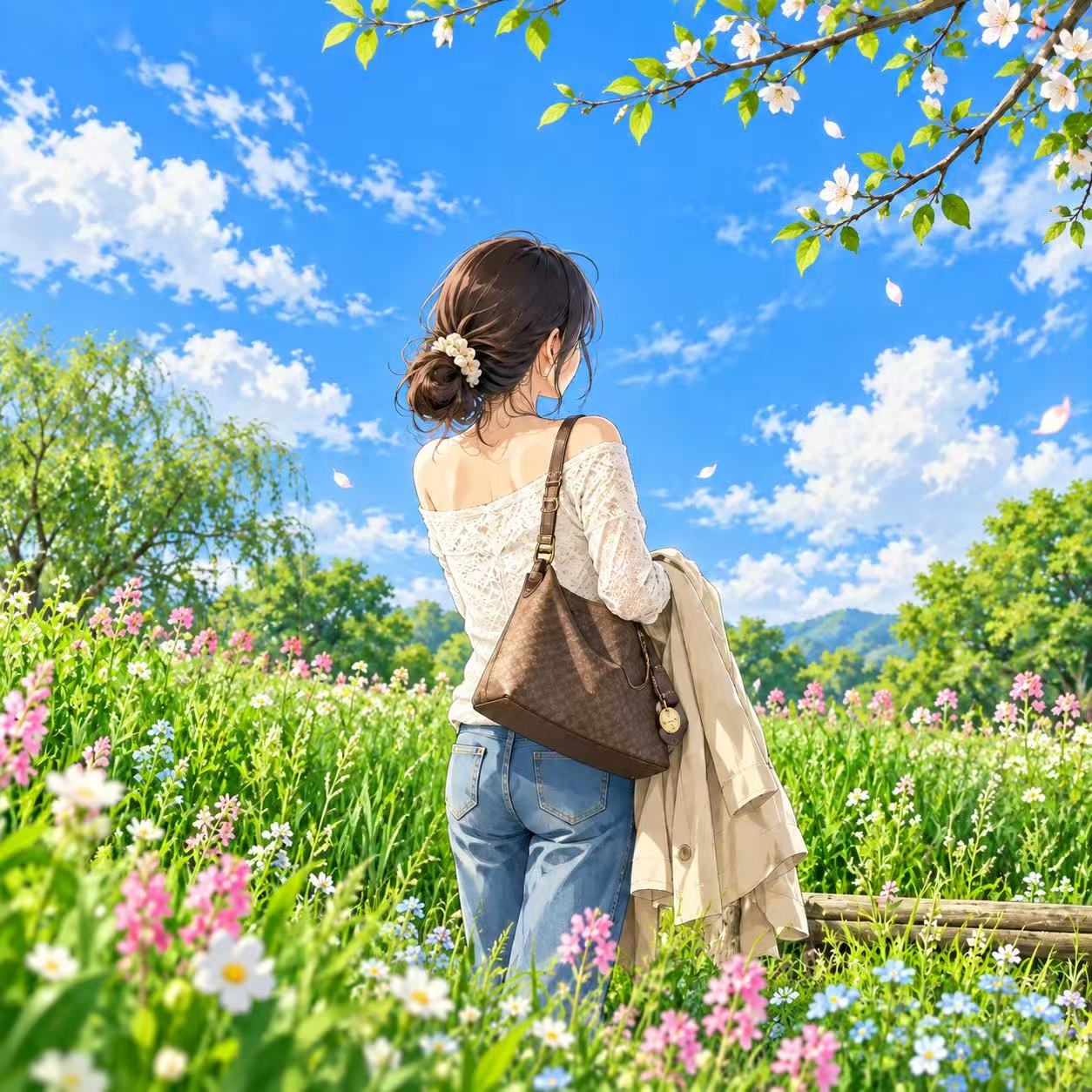 蓝天下，女孩站在春日花丛中
