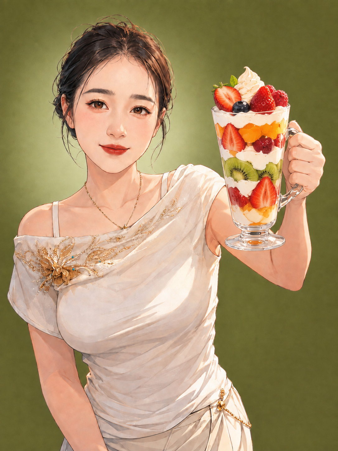 手持水果芭菲、草绿主题背景的开场女主照片